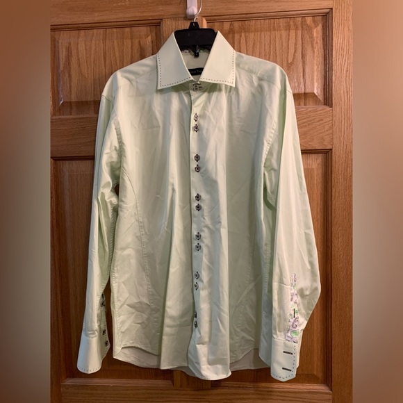 Men’s Jared Lang Mint Green Double Buttons Reversible Cuffs Dress Shirt Size L - Picture 1 of 6